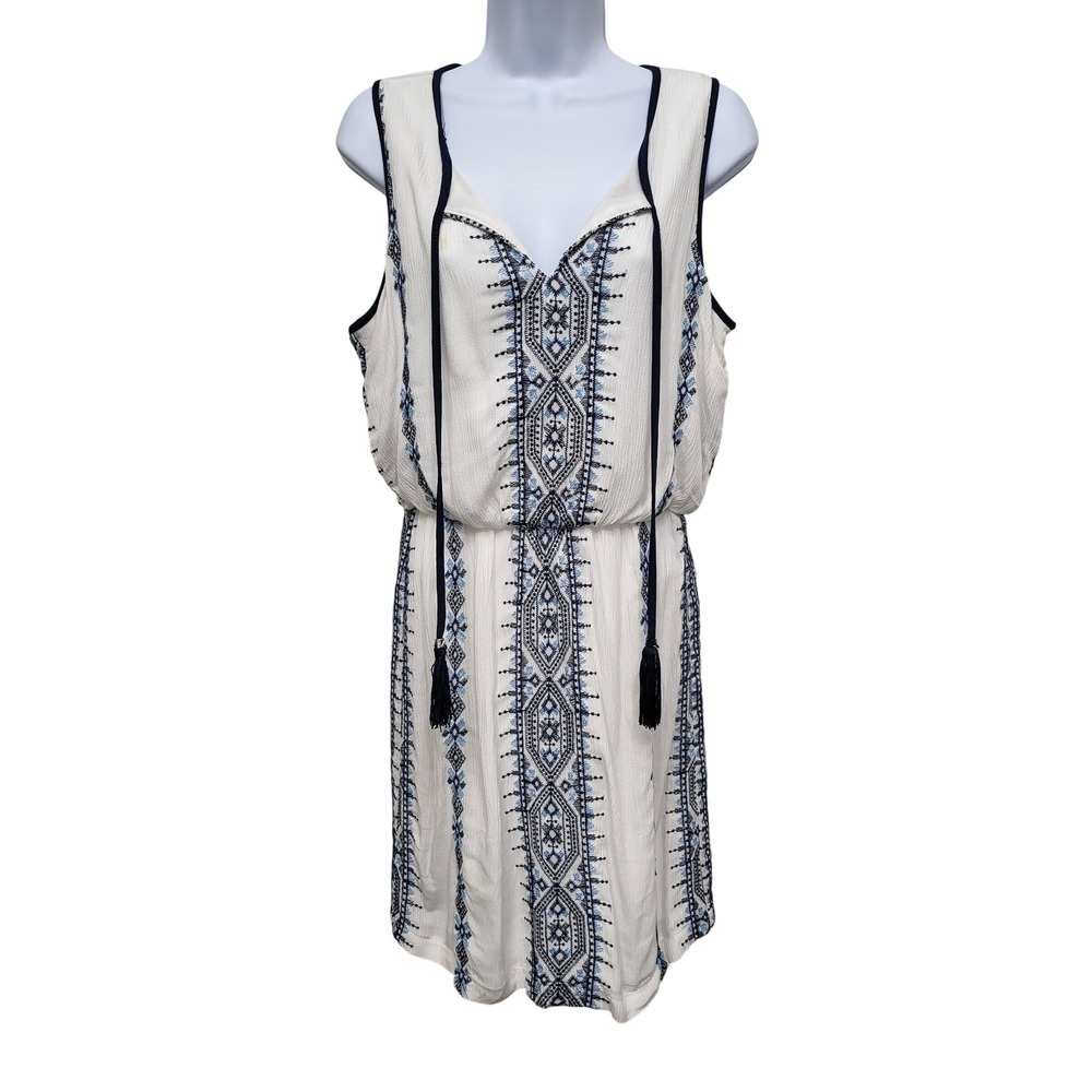 Westport 1962 Womens Medium White Blue Embroidered Tassel Boho Shift Dress M